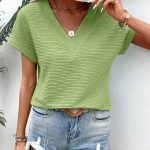 Grass Green Textured Wide Sleeve V Neck T Shirt