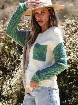 Vineyard Green Colorblock Patched Pocket Drop Shoulder Sweater