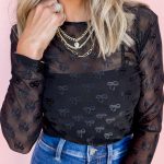 Black Mesh Bow Pattern Long Sleeve Top
