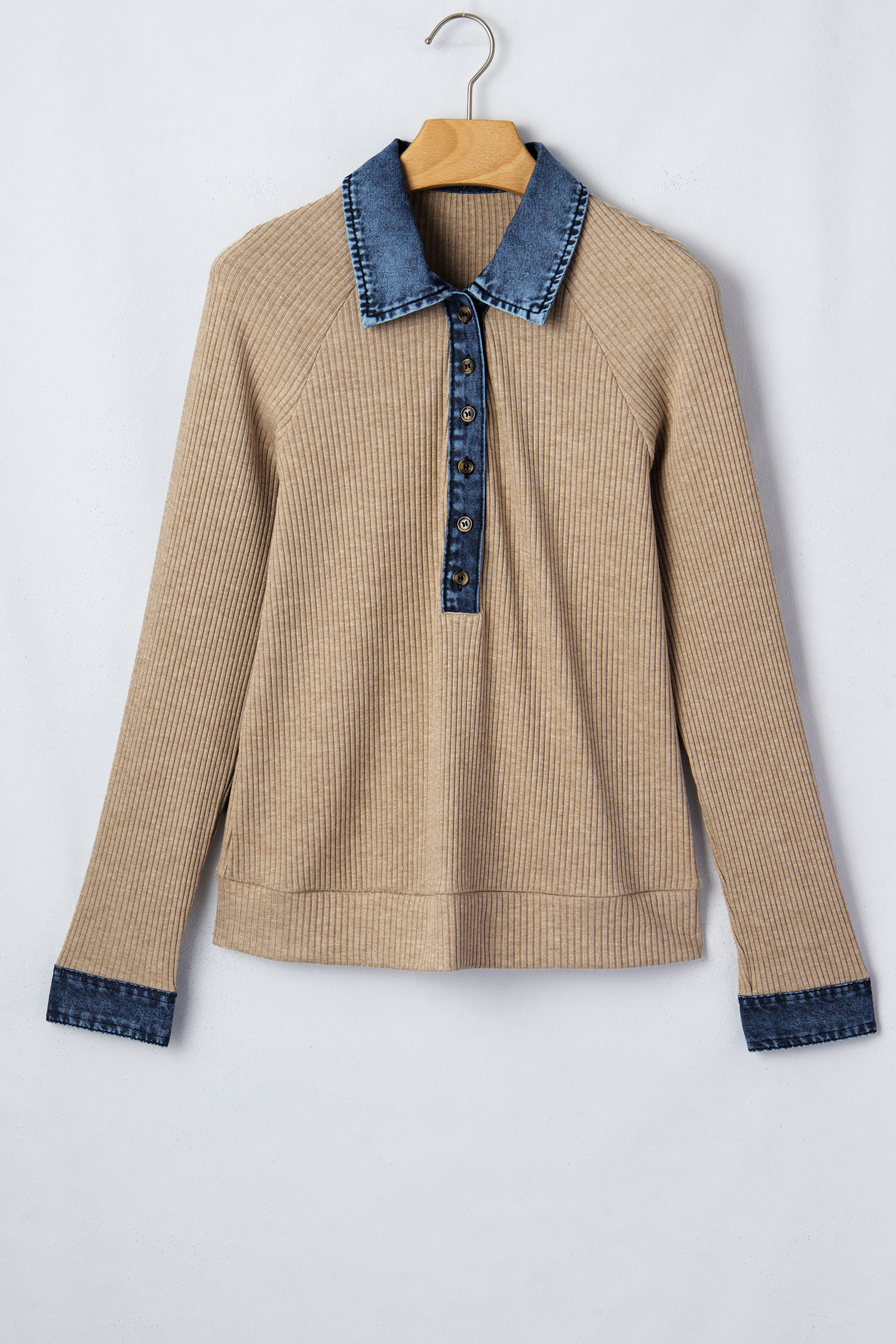 Beige Ribbed Knit Denim Patchwork Button Polo Collar Cuffed Long Sleeve Top - Image 2