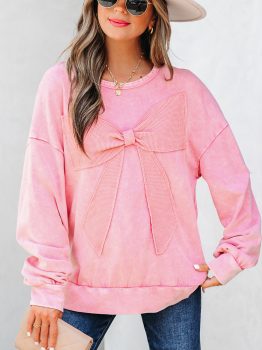 Bright Pink Mineral Wash Big Bow Patchwork Pullover Sweatshirt