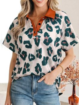 Casual Unique Leopard Print Button Contrast Collared Short Sleeve Blouse