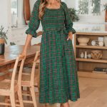 Green Tartan Plaid Square Neck Puff Sleeve Knot Waist Flared Midi Dress