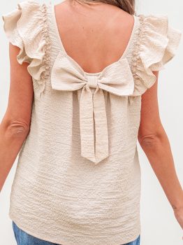 Beige Textured Bow Knot Frilled Butterfly Sleeve Blouse