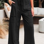 Black Mineral Wash Exposed Seam Drawstring Elastic Waistband Wide Leg Cargo Pants
