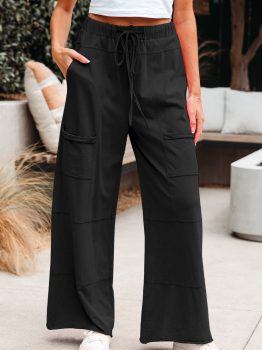 Black Mineral Wash Exposed Seam Drawstring Elastic Waistband Wide Leg Cargo Pants