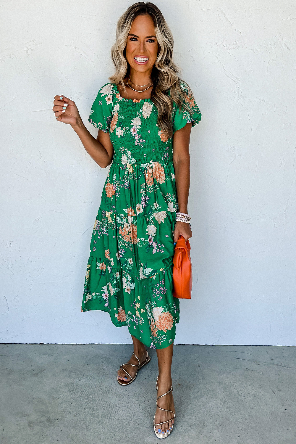 Green Floral Print Bubble Sleeve Smocked Tiered Midi Dress - Image 6