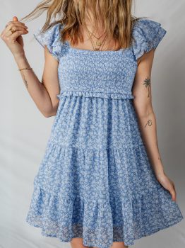 Sky Blue Floral Print Square Neck Flutter Sleeve Smocked Tiered Mini Dress