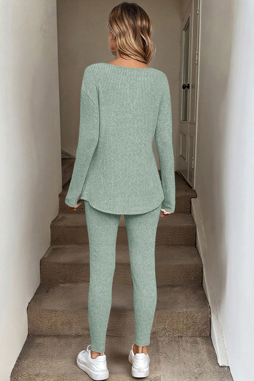 Grass Green Ribbed Notched Neck Knit Long Sleeve Leggings Two Pieces Lounge Set - Image 7