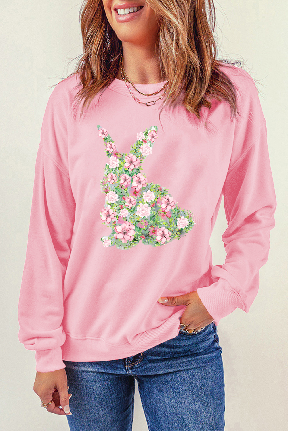 Pink Floral Bunny Printed Crewneck Easter Fashion Sweatshirt - Image 4