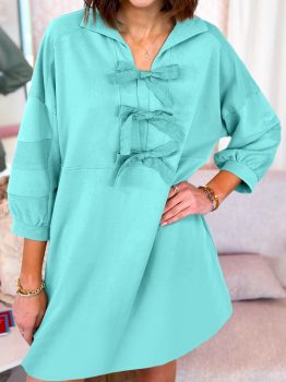 Moonlight Jade Bow Front Bracelet Sleeve Collared Side Pocket Shift Mini Dress