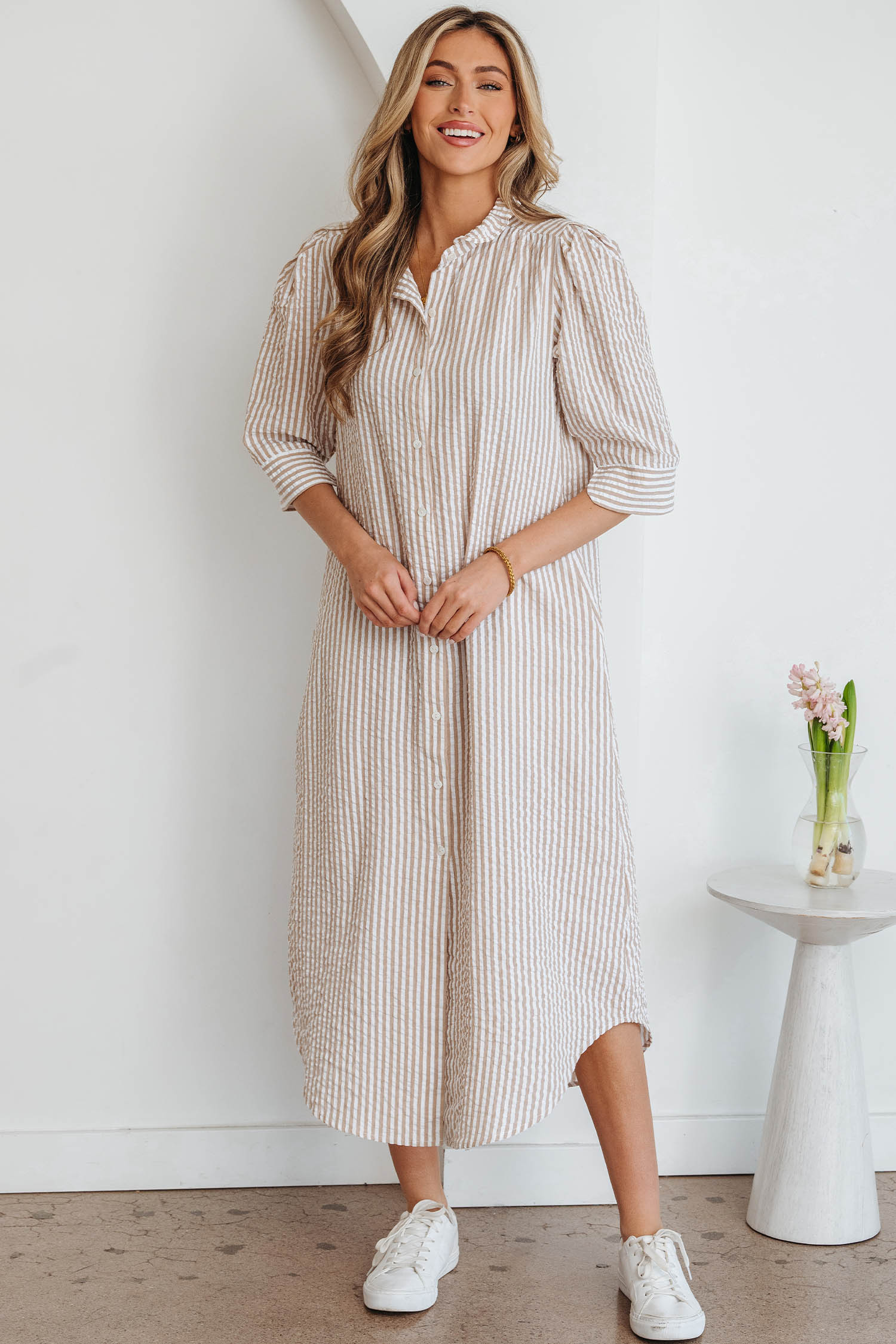 Khaki Stripe Frilled Collar Half Sleeve Shirt Maxi Dress - Image 4