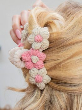 Pink Flower Crochet Cover Large Hair Claw Clip