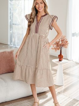 Brown Stripe Double Ruffled Short Sleeve Contrast Trim V Neck Midi Dress