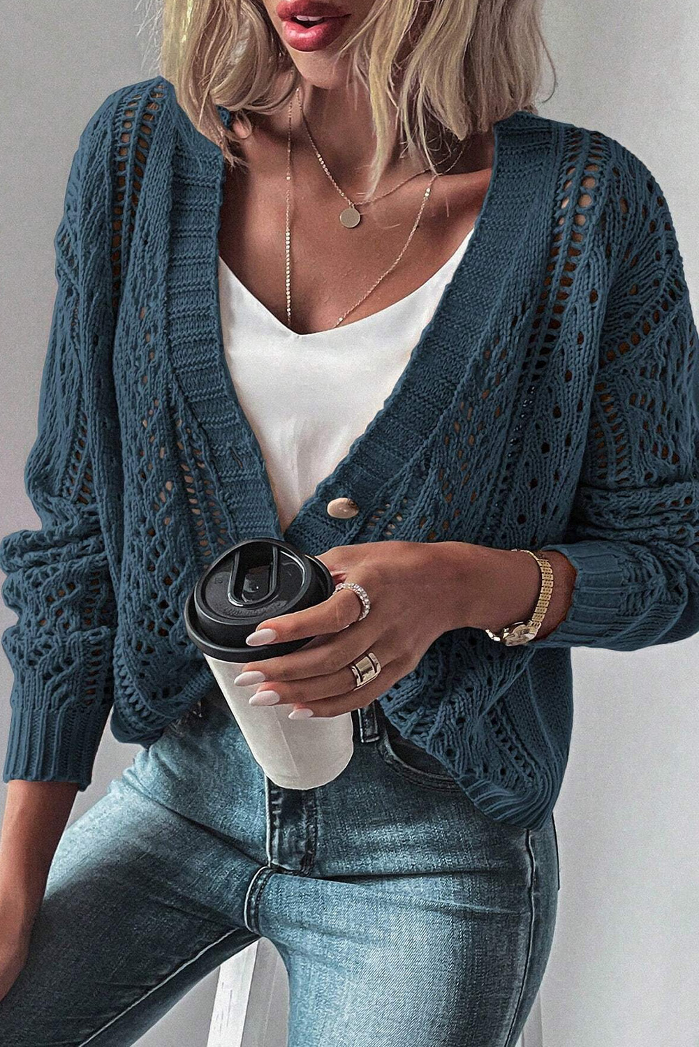 Real Teal Open Knit Drop Shoulder Sweater Cardigan - Image 4