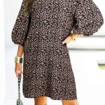 Black Leopard Print Bubble Sleeve Shift Mini Dress