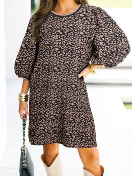 Black Leopard Print Bubble Sleeve Shift Mini Dress