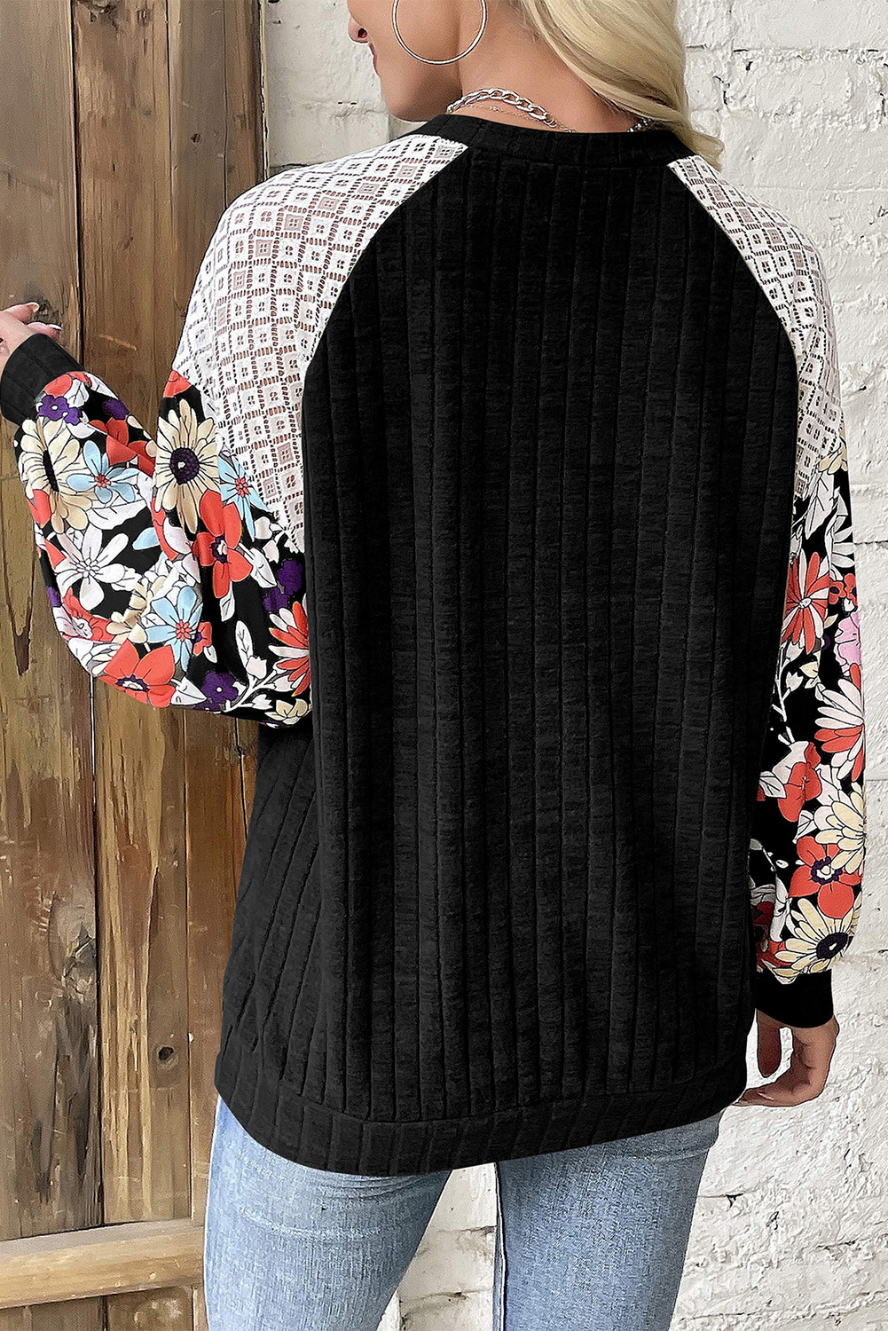 Black Floral Patchwork Long Sleeve Ribbed Blouse - Image 2
