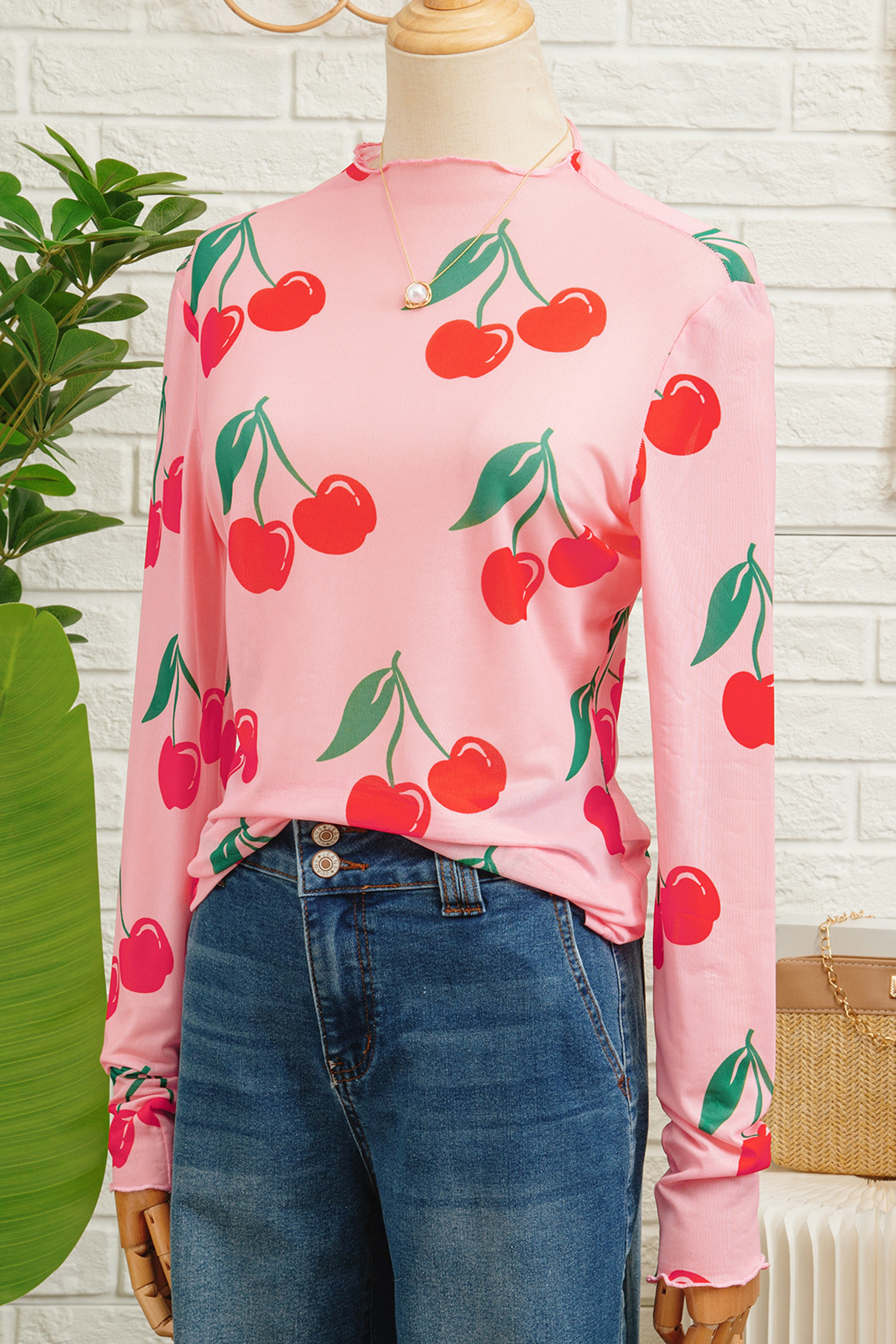 Pink Cherry Print Lettuce Trim Long Sleeve Mesh Top - Image 2