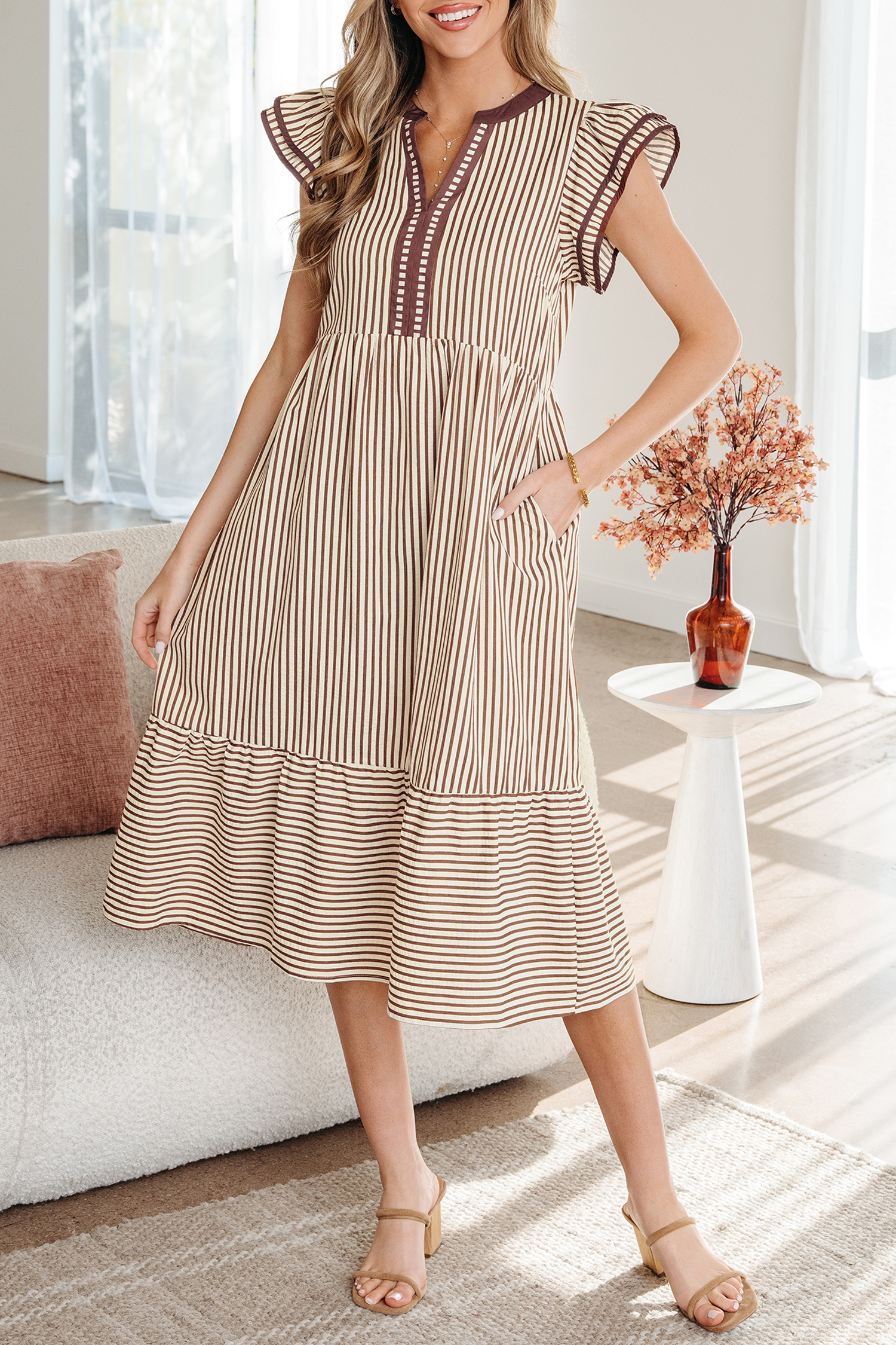 Brown Stripe Double Ruffled Short Sleeve Contrast Trim V Neck Midi Dress - Image 8