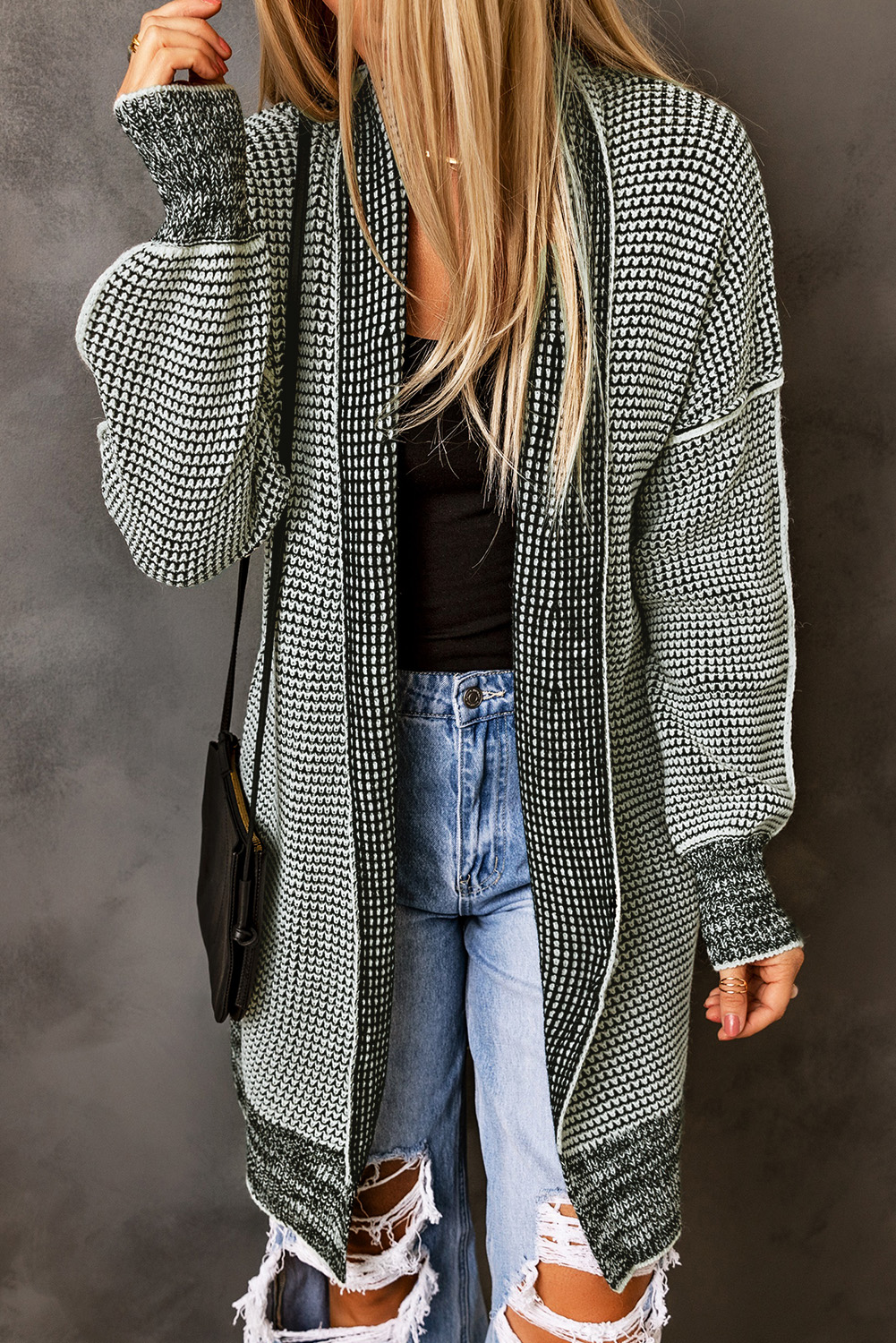 Gray Plaid Knitted Long Open Front Cardigan - Image 5