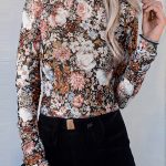 Brown Floral Long Sleeve High Neck Sheath Mesh Blouse