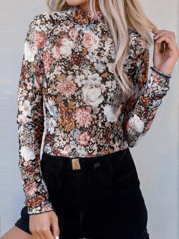 Brown Floral Long Sleeve High Neck Sheath Mesh Blouse