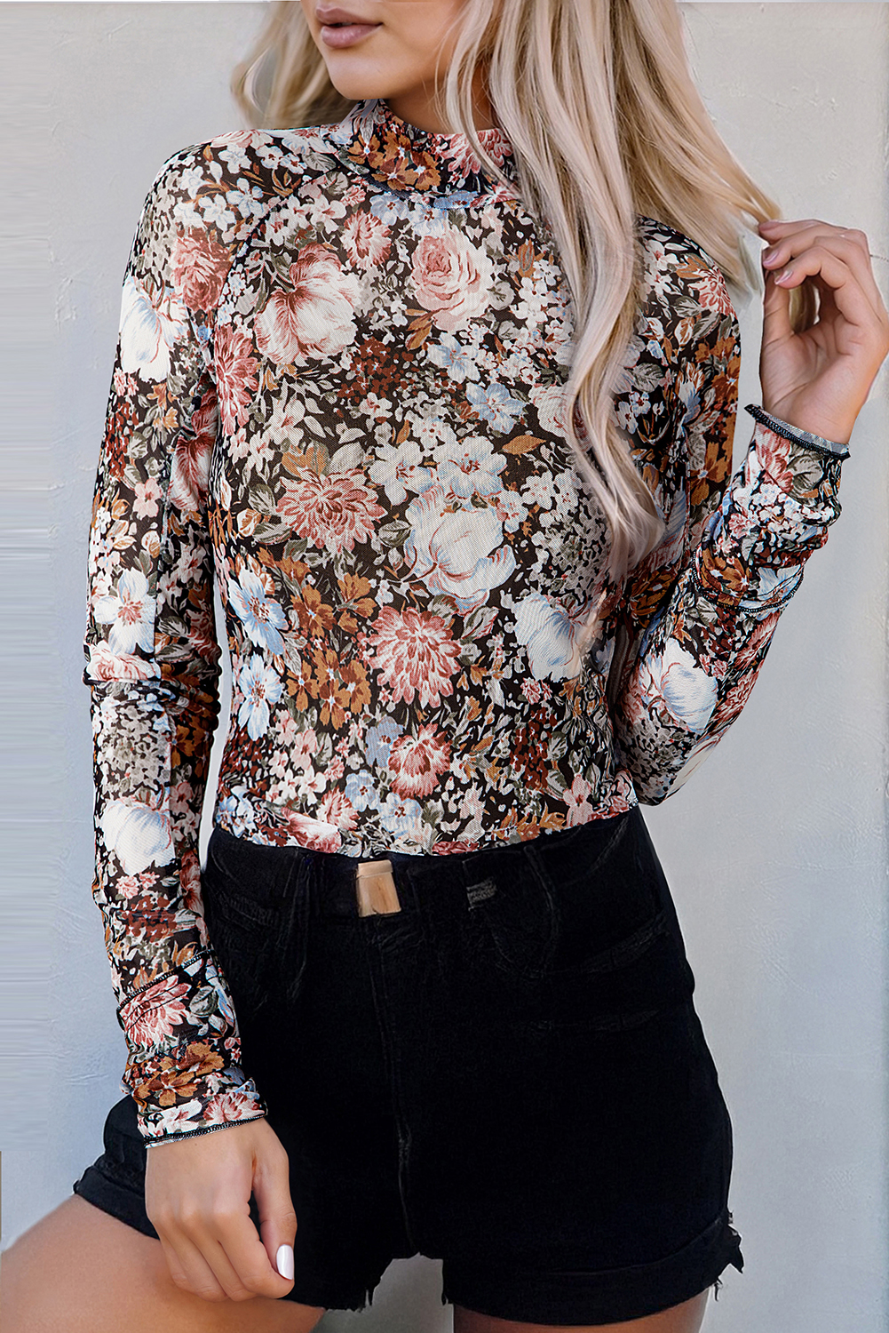 Brown Floral Long Sleeve High Neck Sheath Mesh Blouse