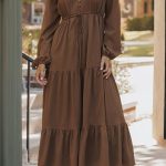 Chestnut Solid Long Sleeve Button V Neck Tiered Maxi Dress
