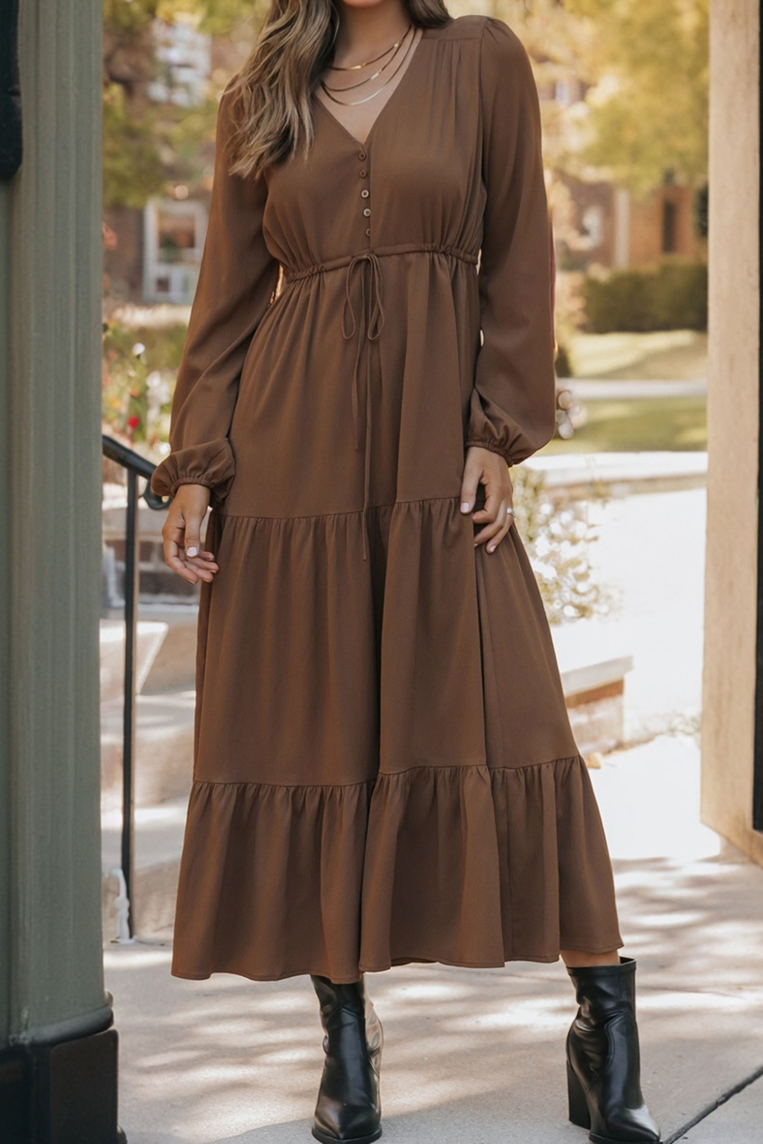 Chestnut Solid Long Sleeve Button V Neck Tiered Maxi Dress