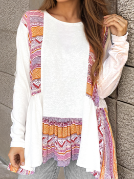 White Western Aztec Print Patchwork Ruffled Tunic Long Sleeve Babydoll Top