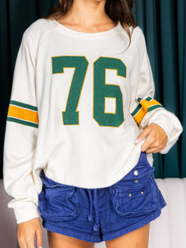 White Number 76 Printed Retro Sporty Long Sleeve Top