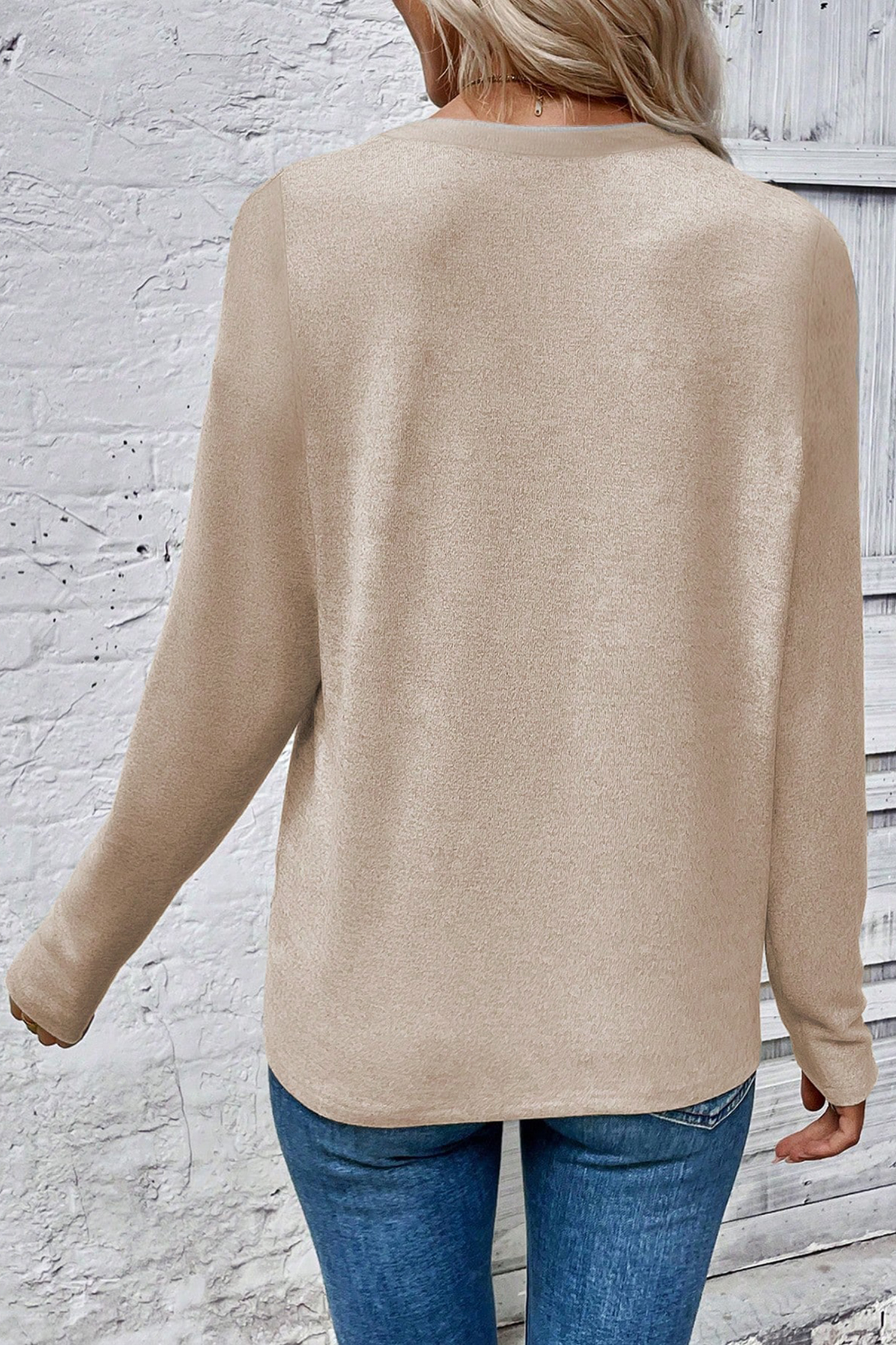 Beige Leopard Print Detail Round Neck Long Sleeve Top - Image 2