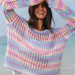 Purple Multi Stripe Open Knit Sweater Beach Cover Up