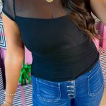 Black Sheer Mesh Patchwork Cap Sleeve T Shirt