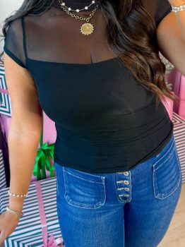 Black Sheer Mesh Patchwork Cap Sleeve T Shirt