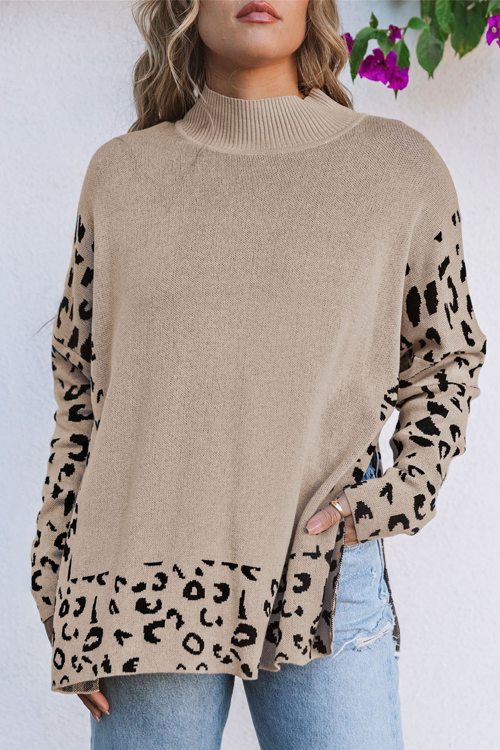 Khaki Leopard High Neck Side Slit Oversized Sweater - Image 5