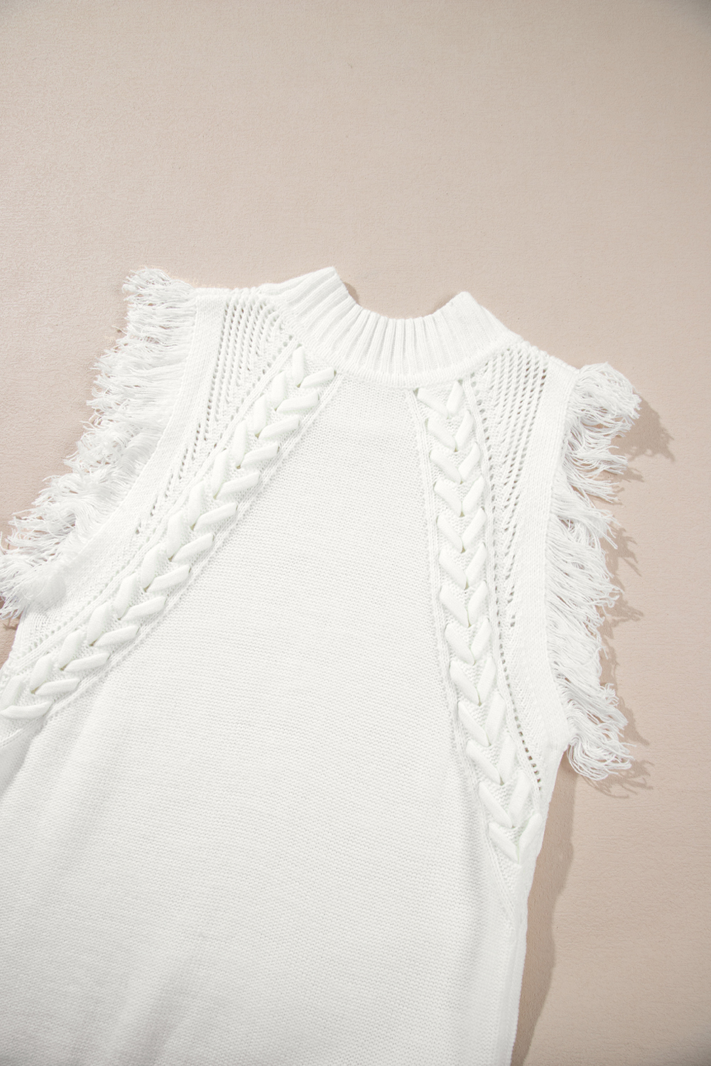 White Woven Tasseled Sleeveless Mock Neck Sweater Vest - Image 8