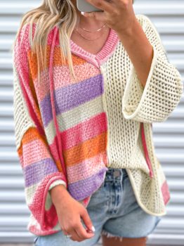 Pink Oversized Colorblock V Neck Hooded Sweater