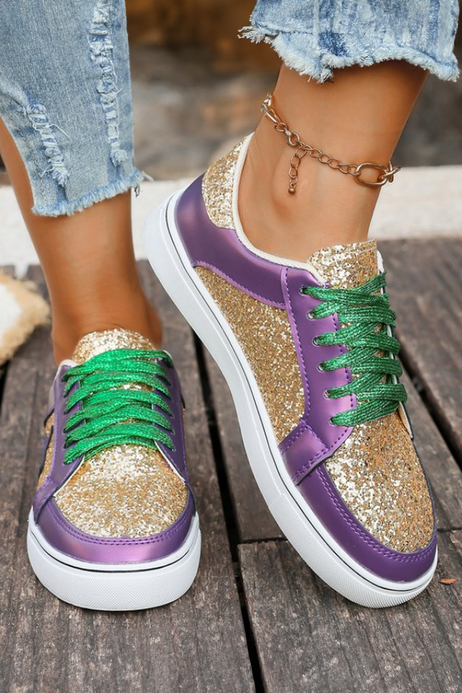 Tillandsia Purple Dearlove Glitter Star Patchwork PU Leather Lace-up Sneakers - Image 2
