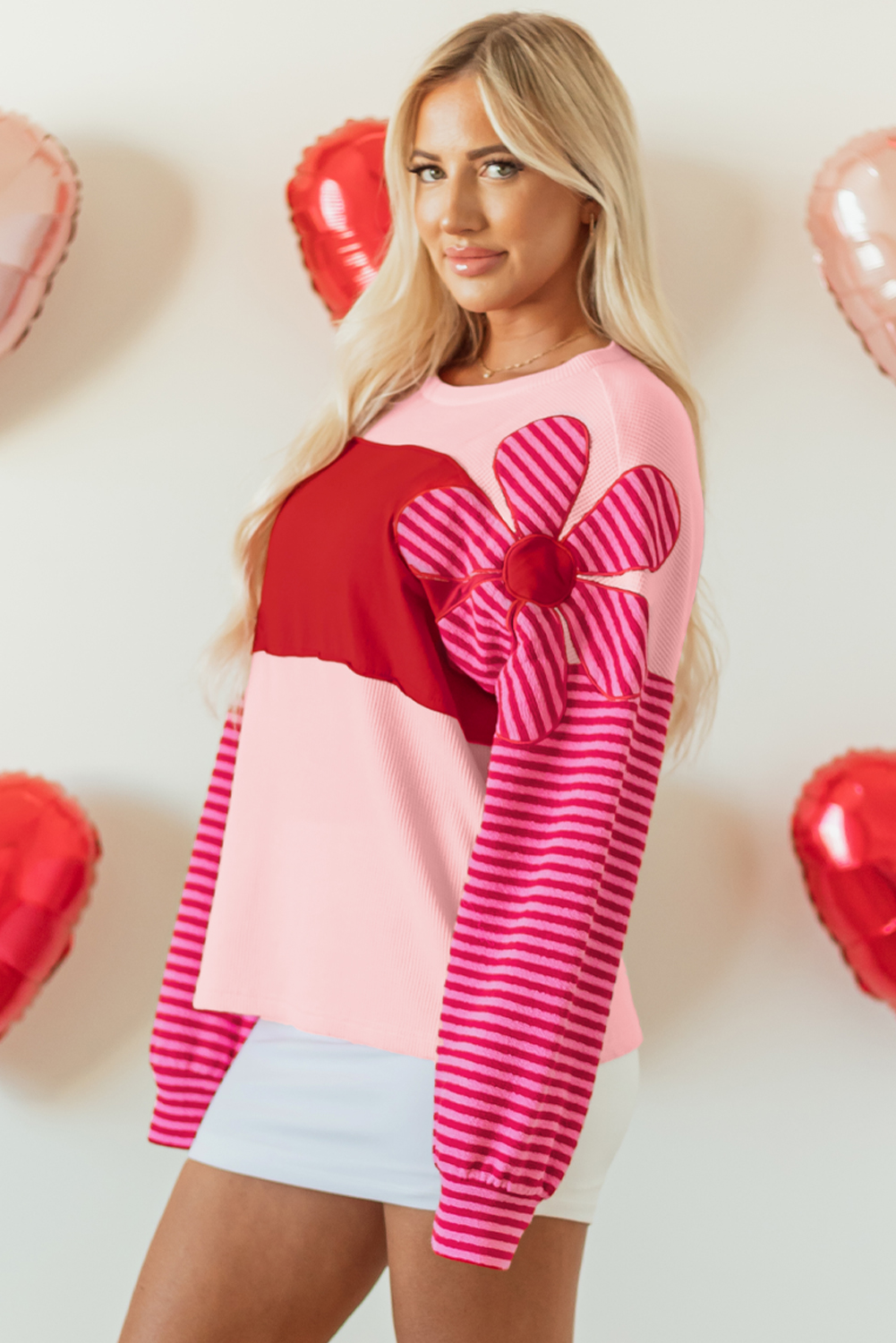 Pink Floral Patch Color Block Striped Sleeve Textured Top - Image 6
