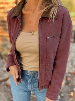 Coffee Corduroy Collar Zipped Front Denim Jacket