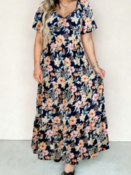 Blue Short Sleeve Smocked Detail High Waist Floral Maxi Dress