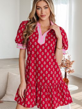 Red Floral Print Contrasted V Neck Short Bubble Sleeve Mini Dress