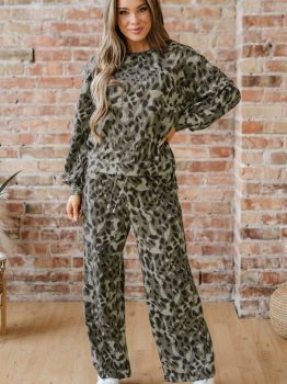 Gray Leopard Print Raw Seam Patchwork Pullover Drawstring Loose Pant Set