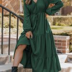 Blackish Green Solid Long Sleeve Button V Neck Tiered Maxi Dress