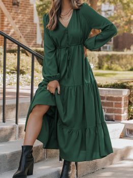 Blackish Green Solid Long Sleeve Button V Neck Tiered Maxi Dress