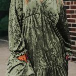 Jungle Green Plus Size Velvet Babydoll Mini Dress with Puff Sleeve