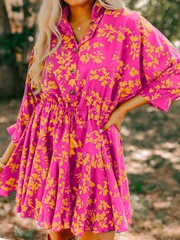 Pink Floral Print Drawstring Tunic Flowy Short Dress