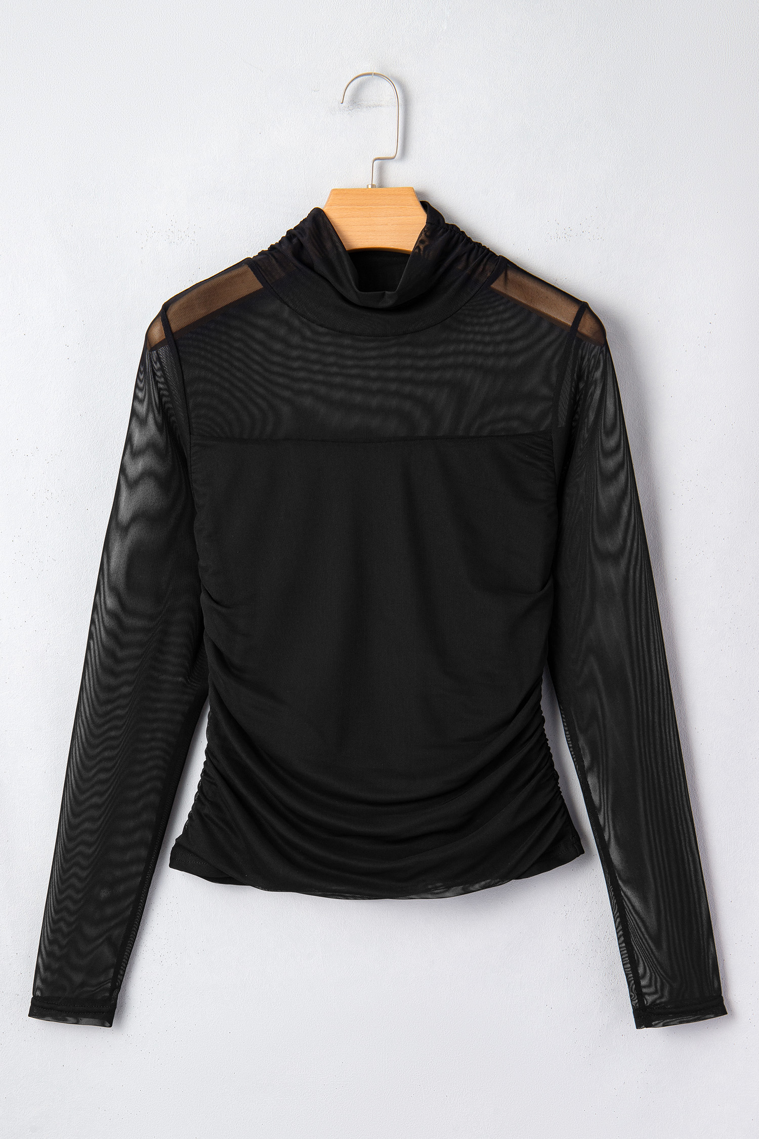 Black Sheer Mesh Patchwork High Neck Long Sleeve Top - Image 8